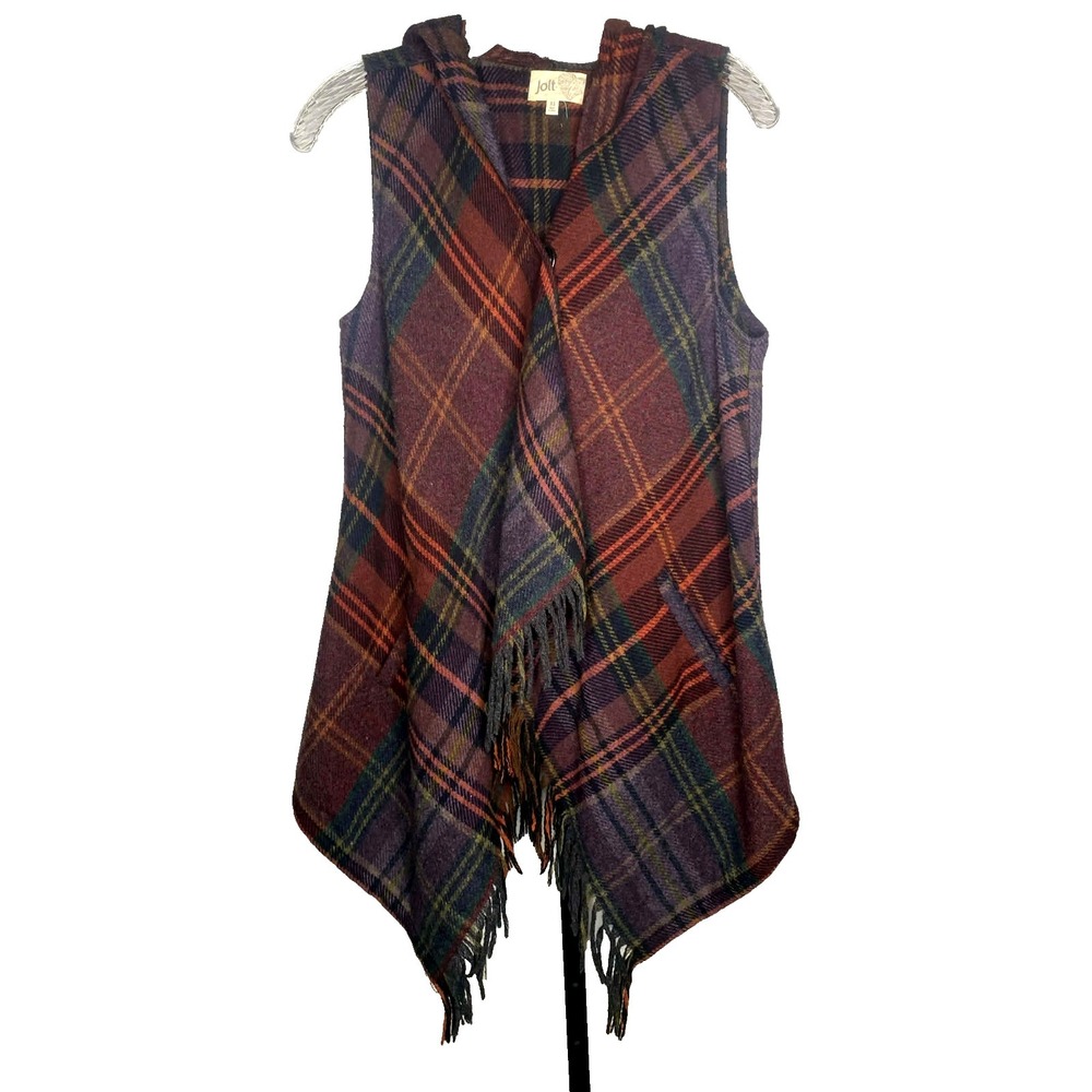 Women's JOLT wool blend Cardigan Vest Size XS tartan plaid fringe dark academia